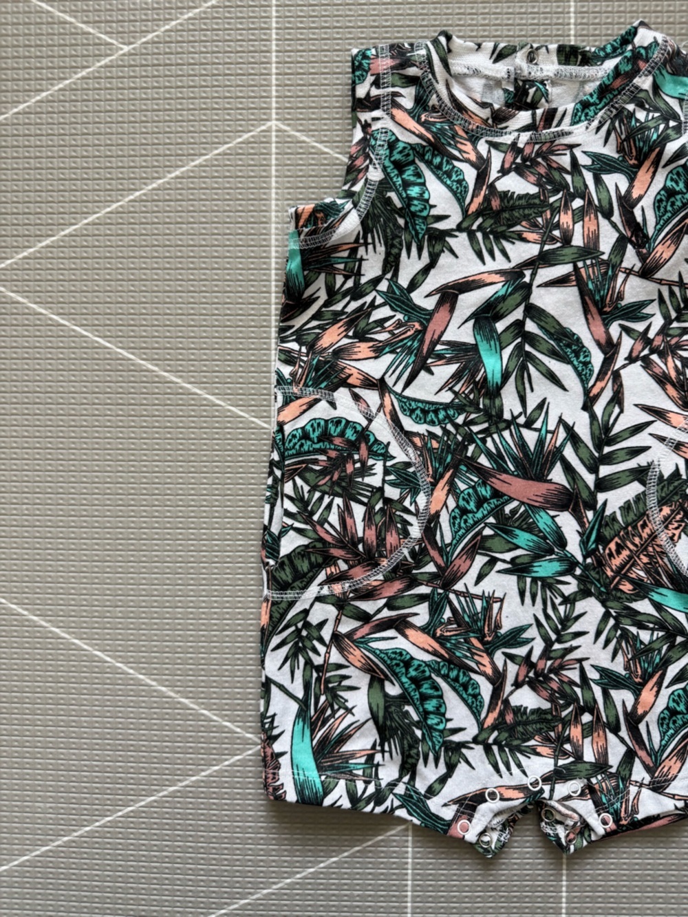 Volcom|Baby boy or gender neutral sleeveless tropical floral Leaf Print romper•